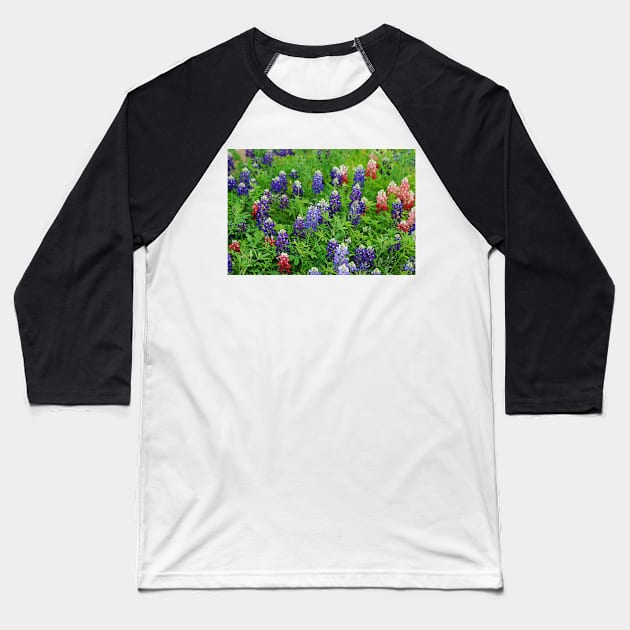 Field of Multicolored Bluebonnets Baseball T-Shirt by elisewied